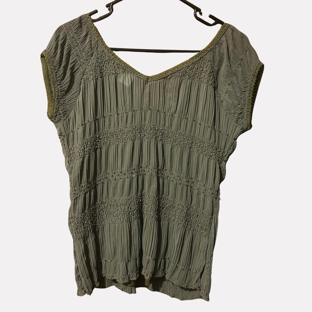 Vintage Agenda Women's Large Sage Green Sequin Top 90s Boho Short Sleeve Blouse